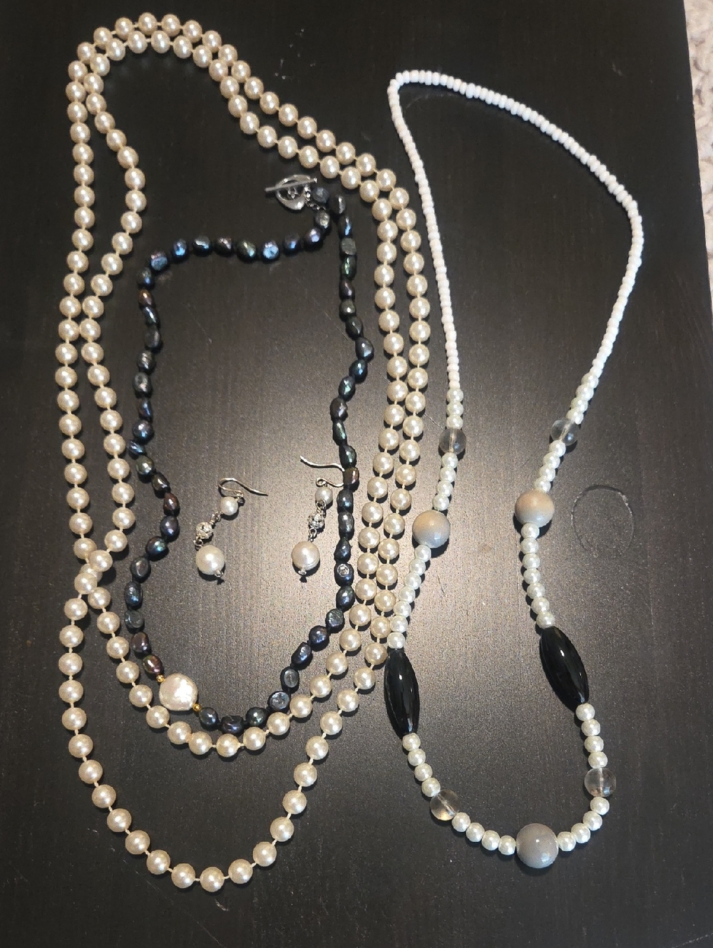 Pearl and Black Bead Women’s Jewelry Lot - Classic Pearl Necklace & Earrings